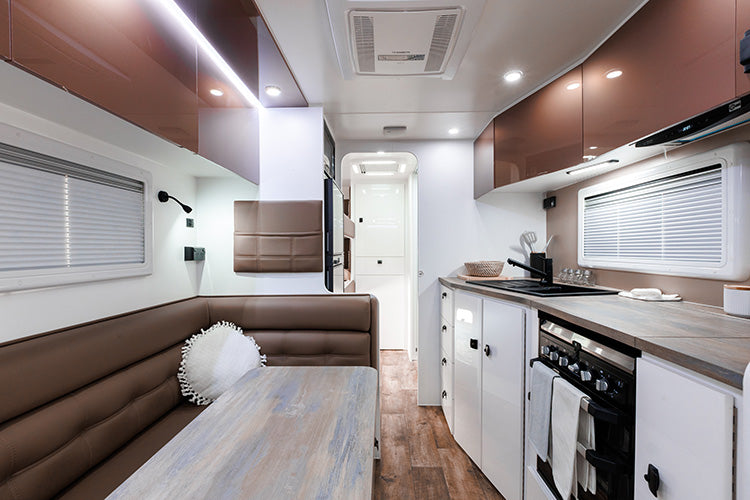 ProRV Falcon Angle Kitchen Caravan Interior Living Area Full View Facing Toilet.