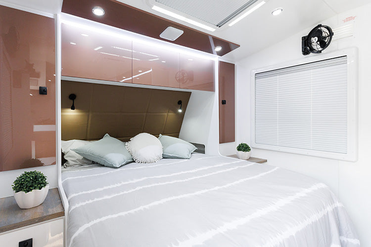 ProRV Falcon Angle Kitchen Caravan Interior Bed Angled View.