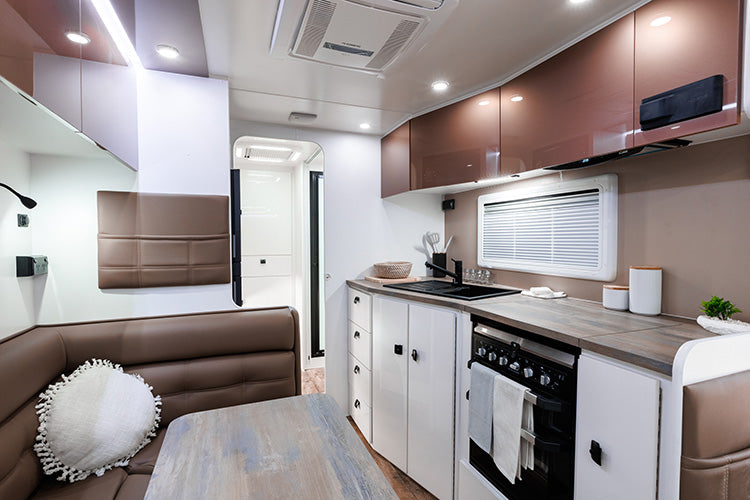 ProRV Falcon Angle Kitchen Caravan Interior Living Area Full View Facing Toilet Angled.