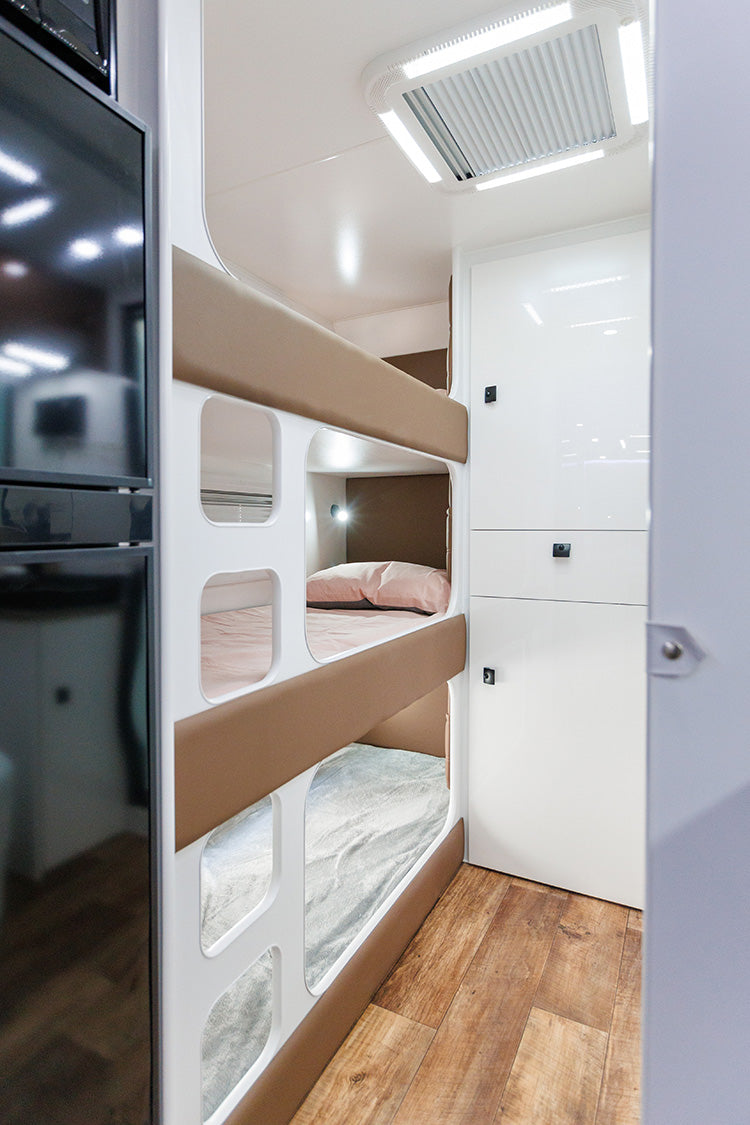ProRV Falcon Angle Kitchen Caravan Interior Bunks Angled to Inlcude Fridge and Cupboards.