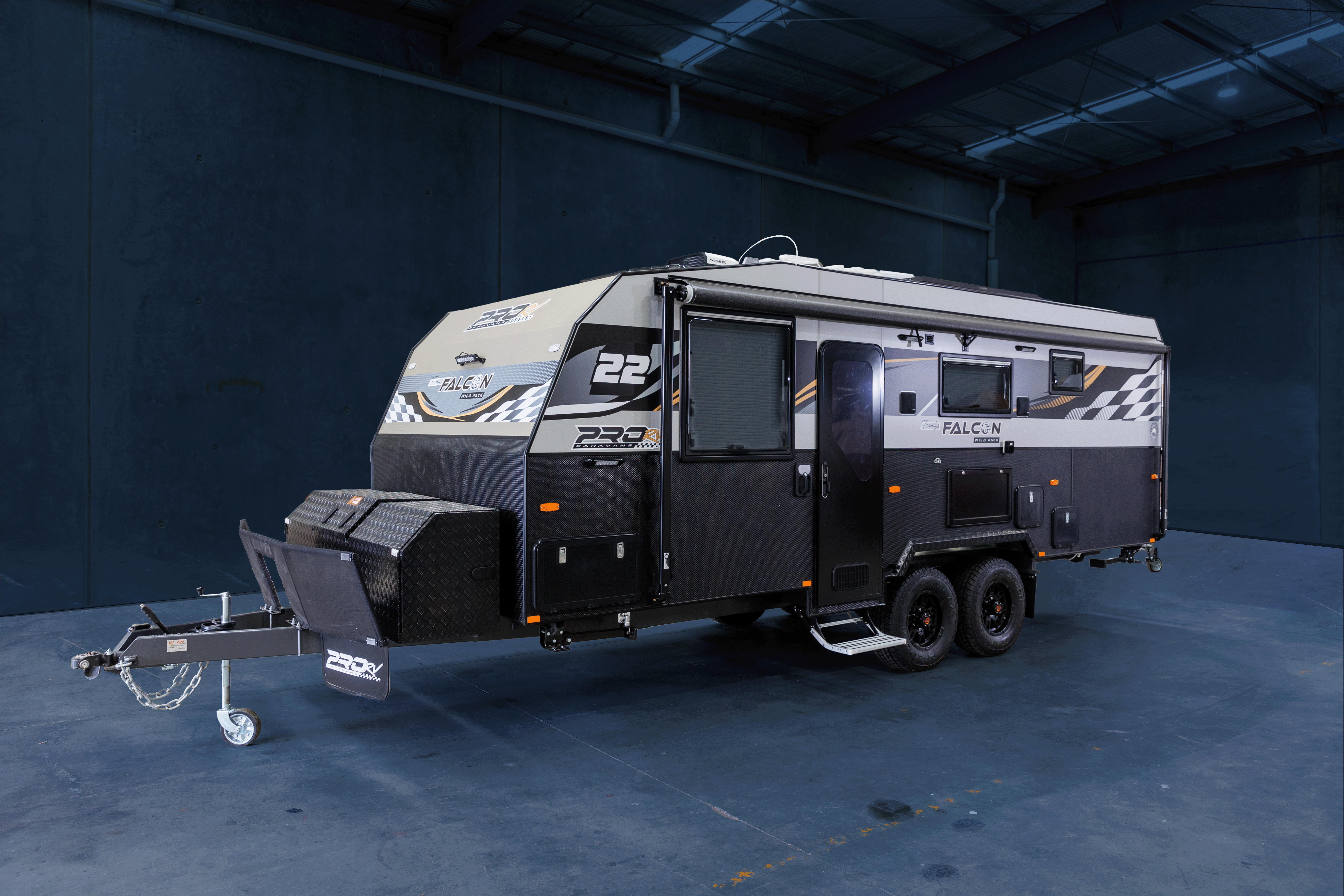 ProRV Falcon aluminium frame caravan parked in warehouse.