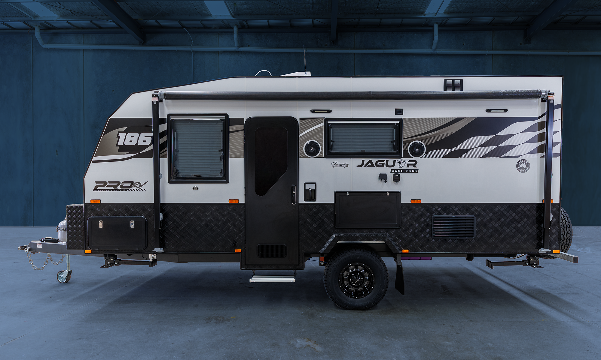 PRO RV Caravans Jaguar caravan parked in a warehouse.