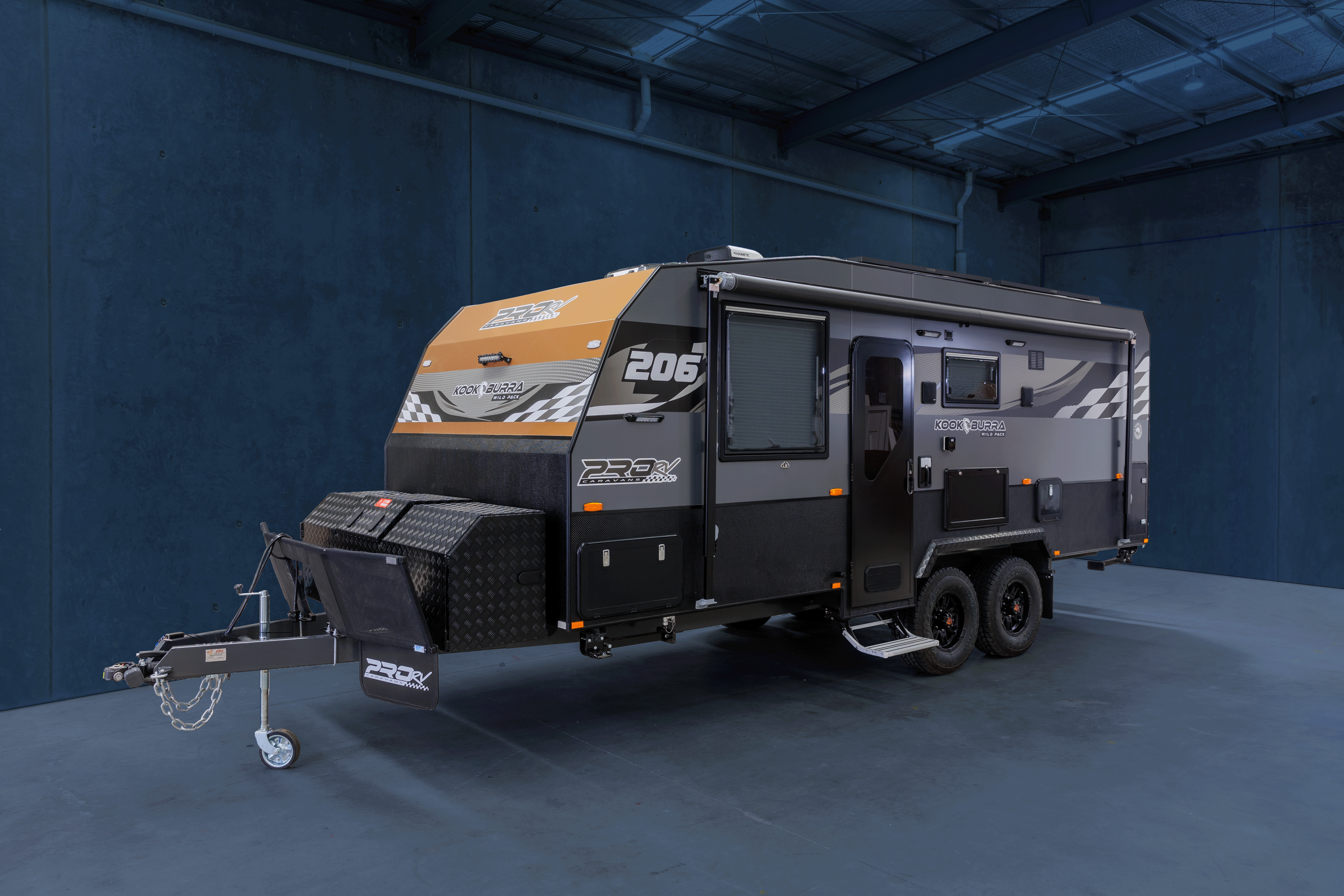 ProRV Kookaburra aluminium frame caravan parked in warehouse.
