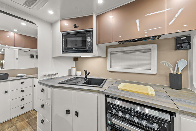 ProRV Kookaburra Aluminium Frame Caravan Interior Kitchen Full View.