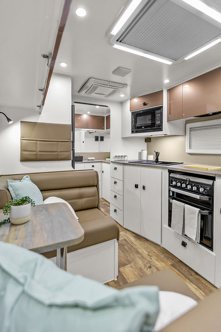 ProRV Kookaburra Aluminium Frame Caravan Interior Living Area Angled View.