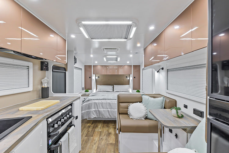 ProRV Kookaburra Aluminium Frame Caravan Interior Living Area Full View Facing Bed.