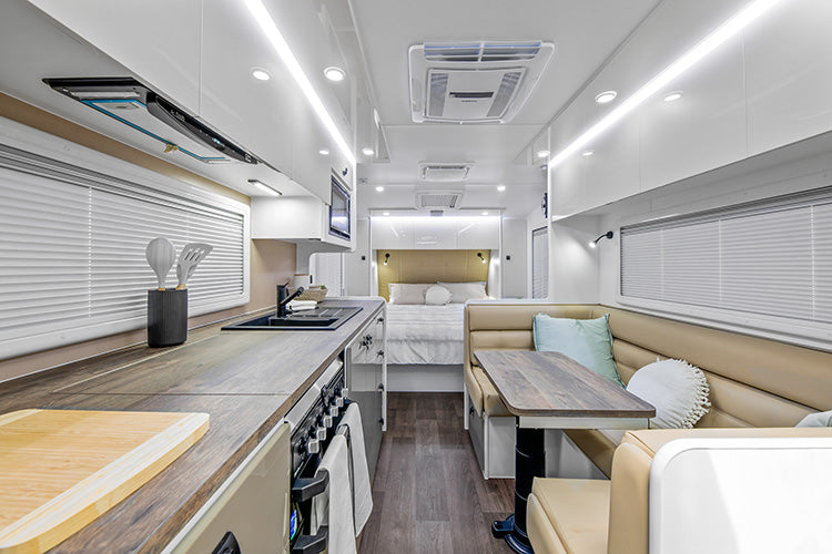 ProRV Panda Aluminium Frame Caravan Interior Living Area Full View Facing Bed.