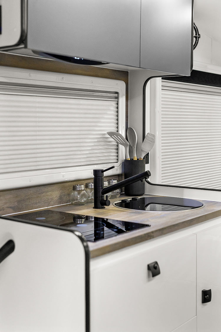 ProRV Puma Aluminium Frame Caravan Interior Kitchen Including Tap, Sink and Cooktop.