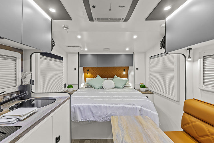 ProRV Puma Aluminium Frame Caravan Interior Living Area Full View Facing Bed Zoomed In.