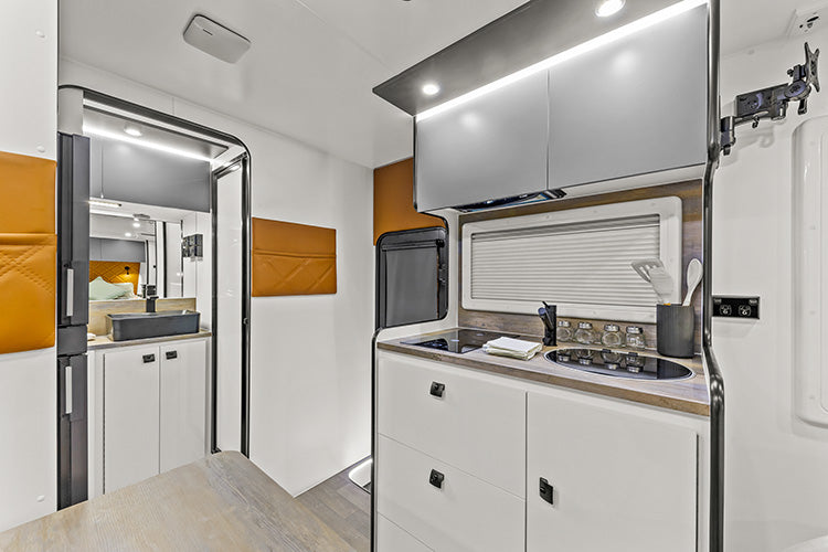 ProRV Puma Aluminium Frame Caravan Interior Kitchen Including Tap, Sink and Cupboards.