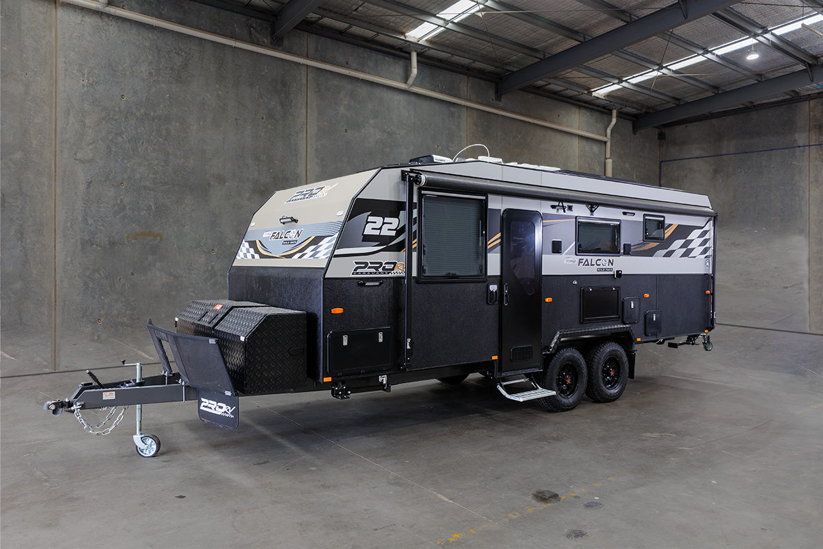ProRV Falcon aluminium frame caravan parked in warehouse.