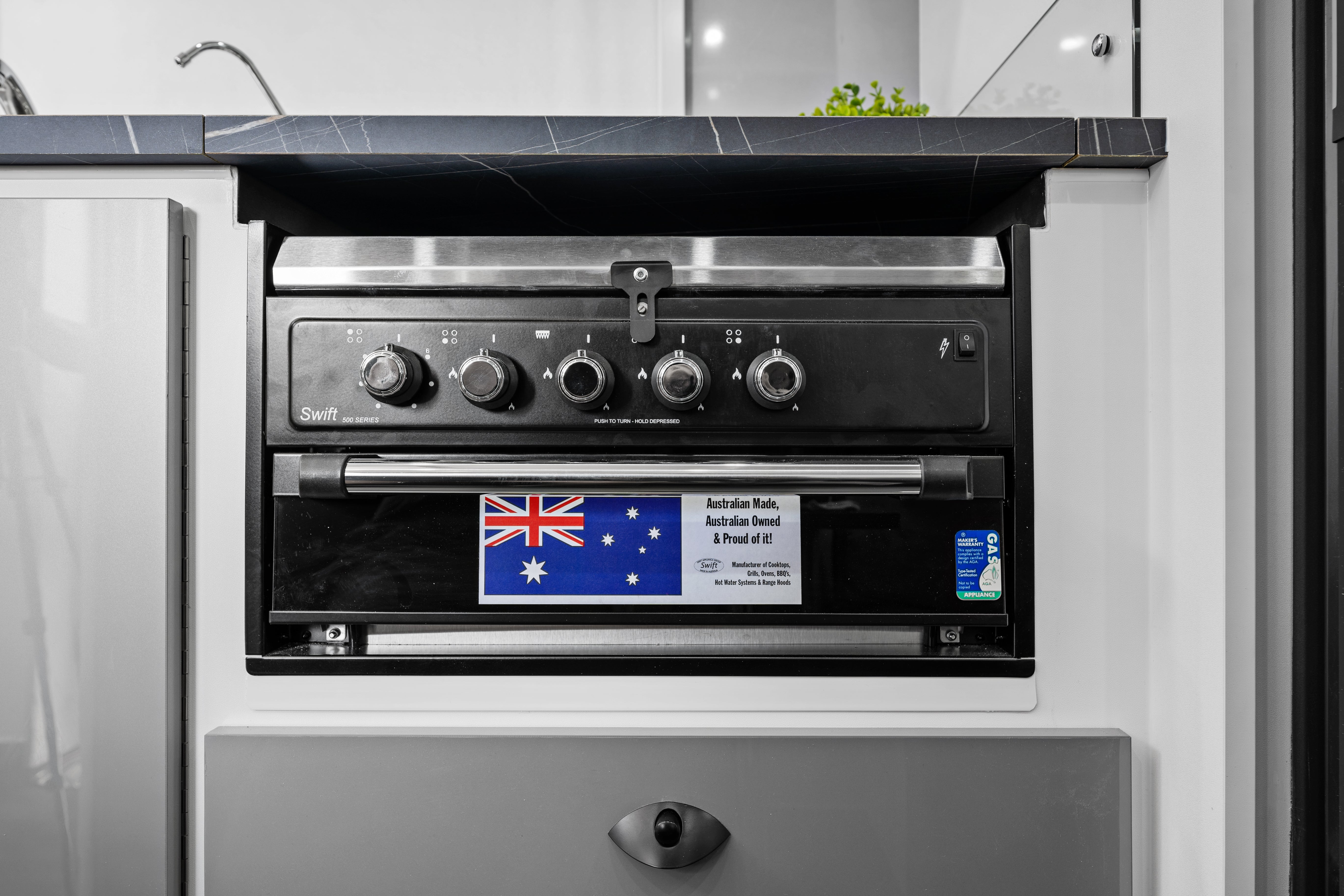 ProRV Rextor Aluminium Frame Caravan Interior Kitchen Oven Zoomed In.