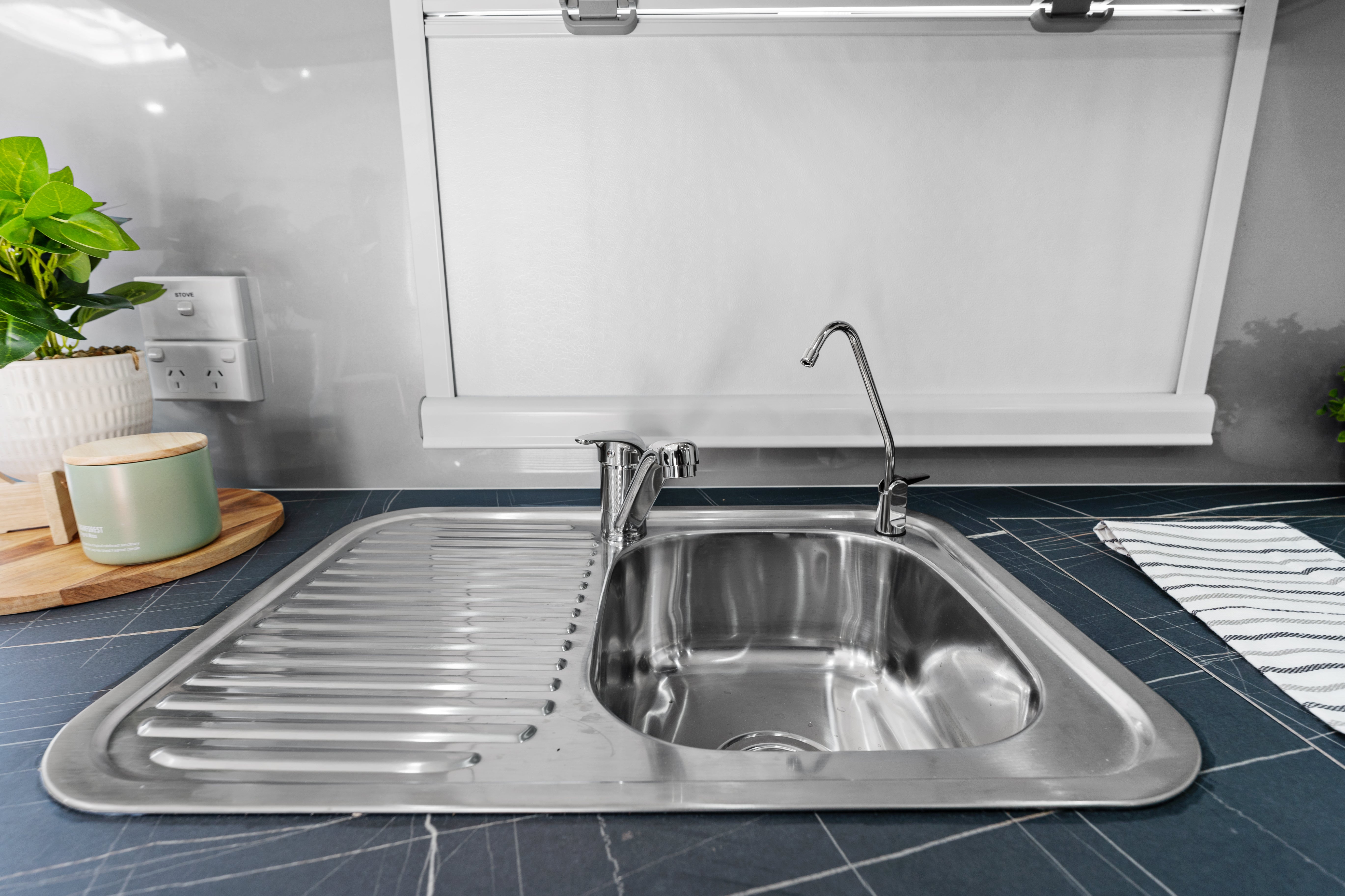 ProRV Rextor Aluminium Frame Caravan Interior Kitchen Including Tap and Sink.
