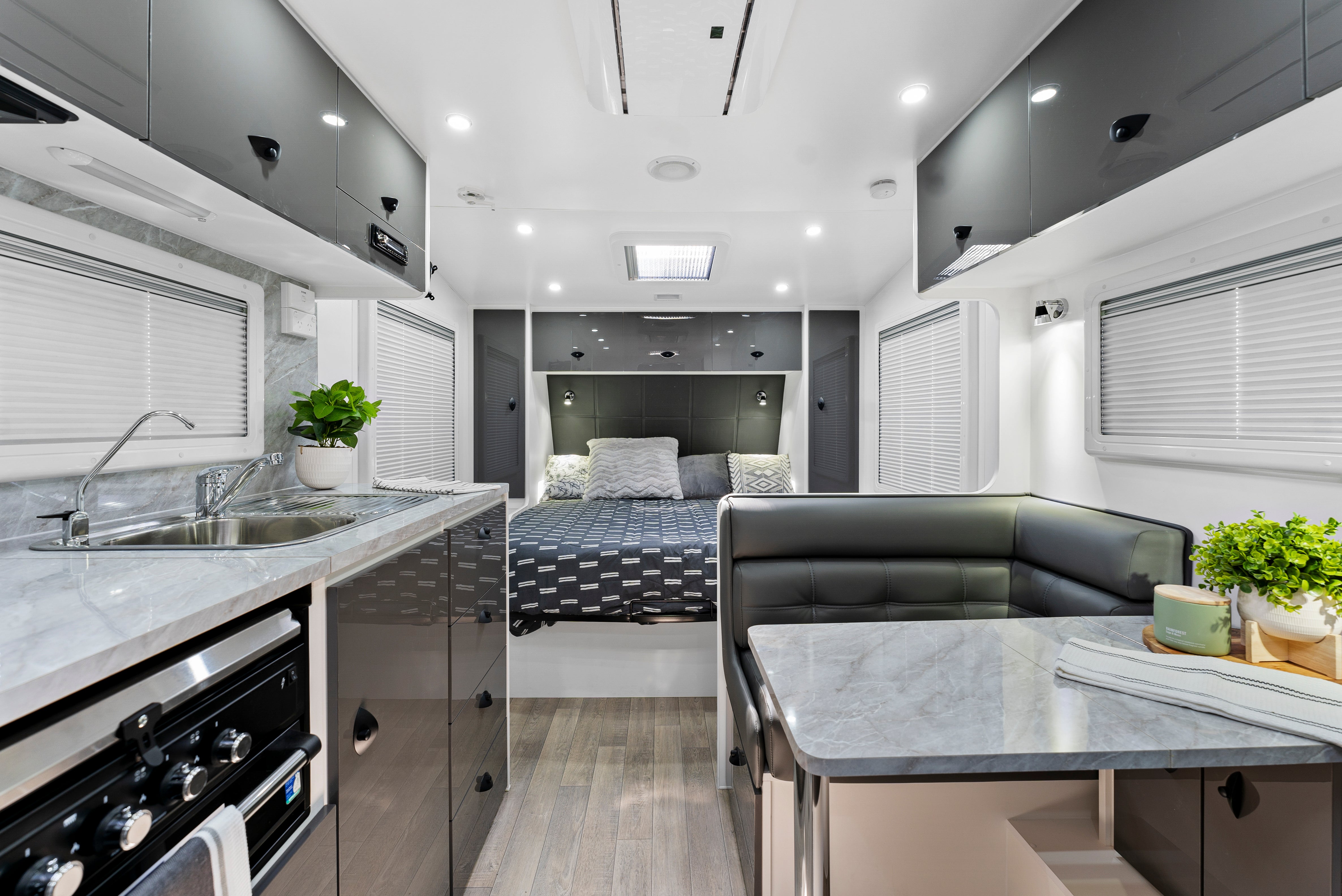 ProRV Jaguar Caravan Interior Living Area Full View Facing Bed.