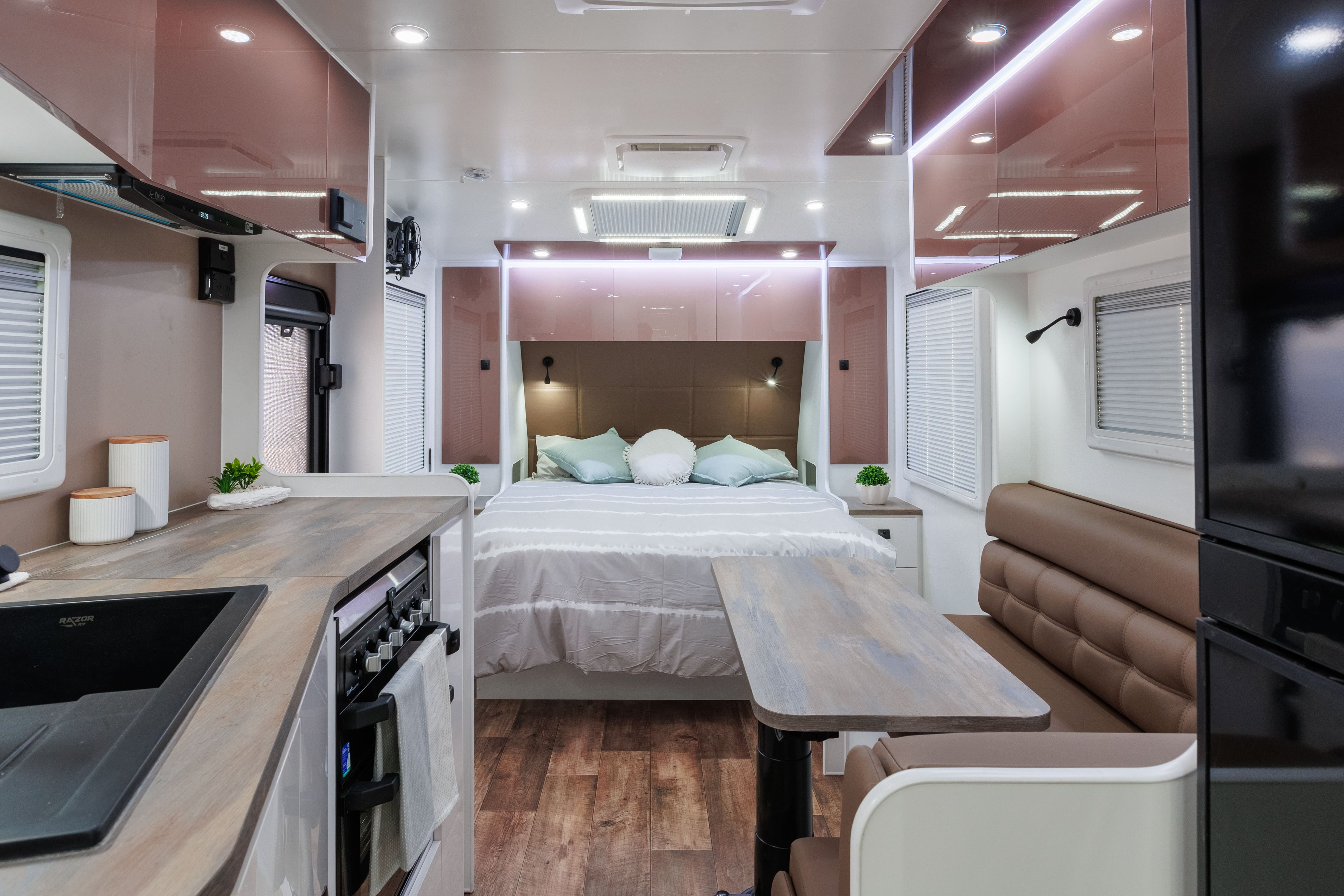 ProRV Falcon Aluminium Frame Caravan Interior Living Area Full View Facing Bed.