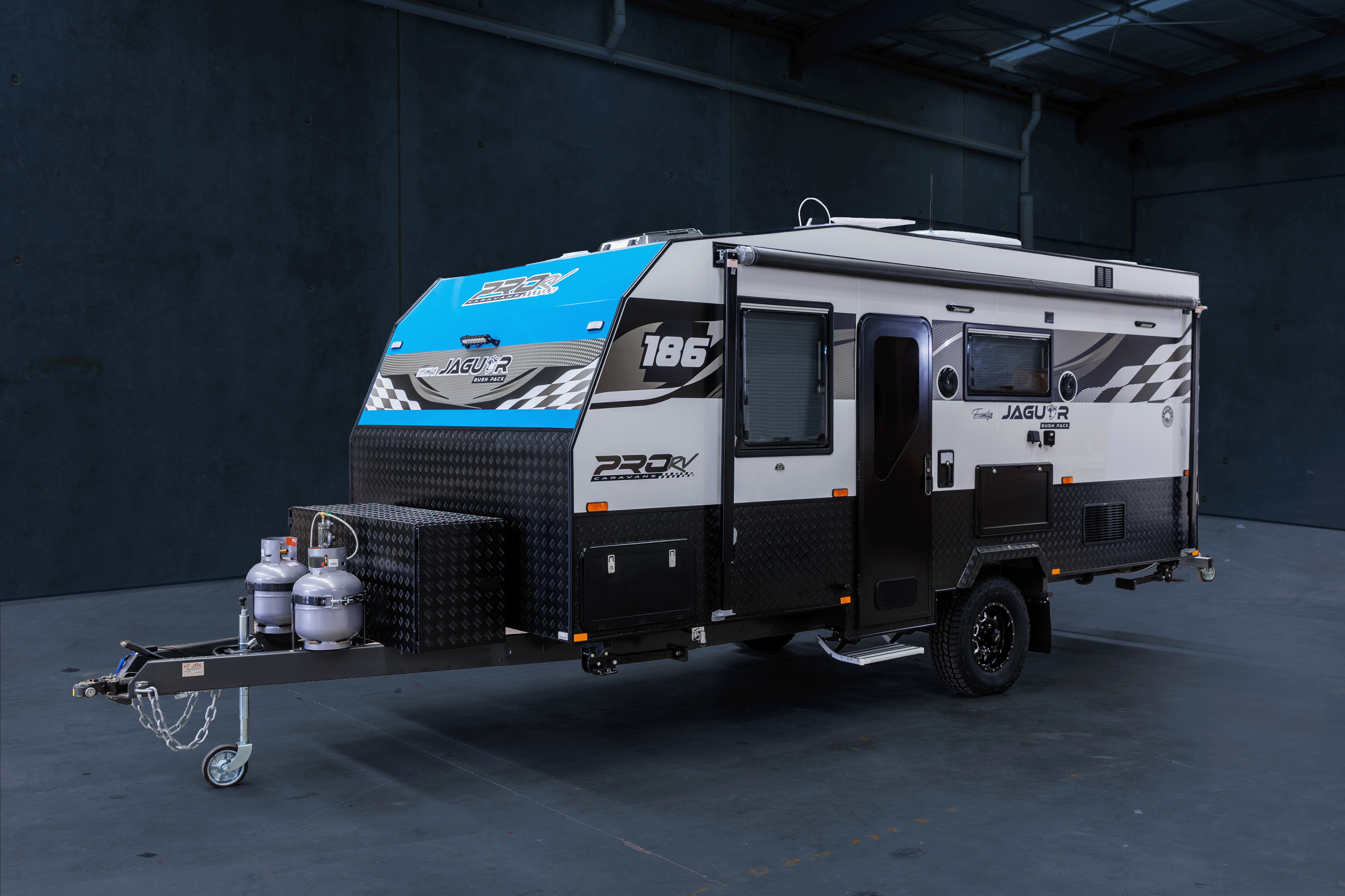 PRO RV Caravans Jaguar caravan parked in warehouse.