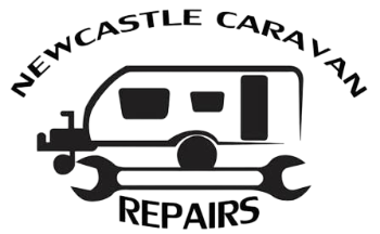 Black graphic logo featuring a caravan silhouette with wrenches underneath and the words 'NEWCASTLE CARAVAN REPAIRS' in bold text on a white background.