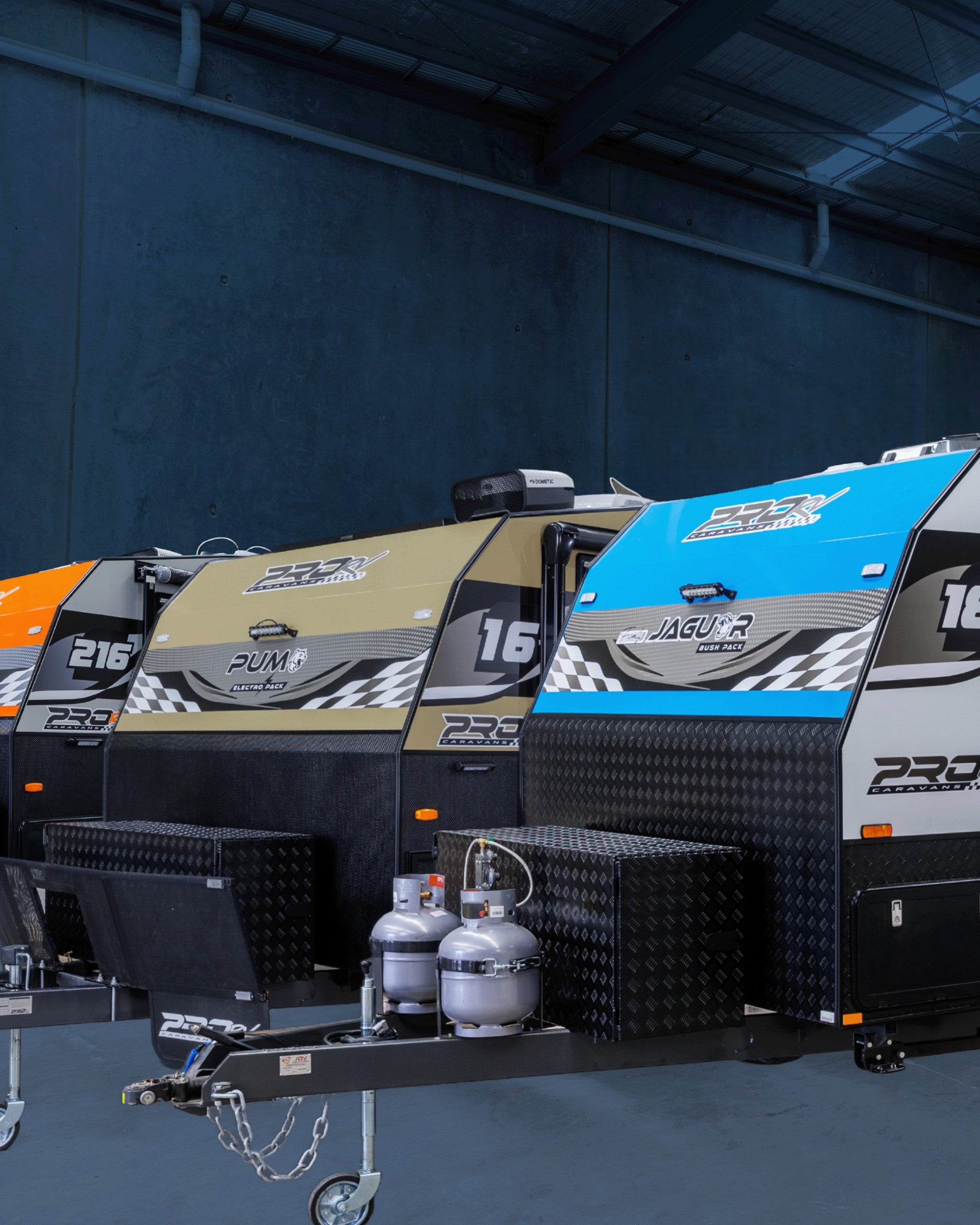 PRORV Caravans models Panda, Jaguar and Puma parked next to each other.