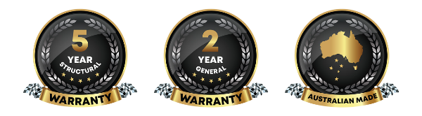 5 year structural warranty, 2 year general warranty, and Australian made badges.