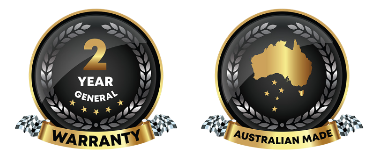 Two circular logos indicating a 2-year general warranty and 'Australian Made' on a white background.