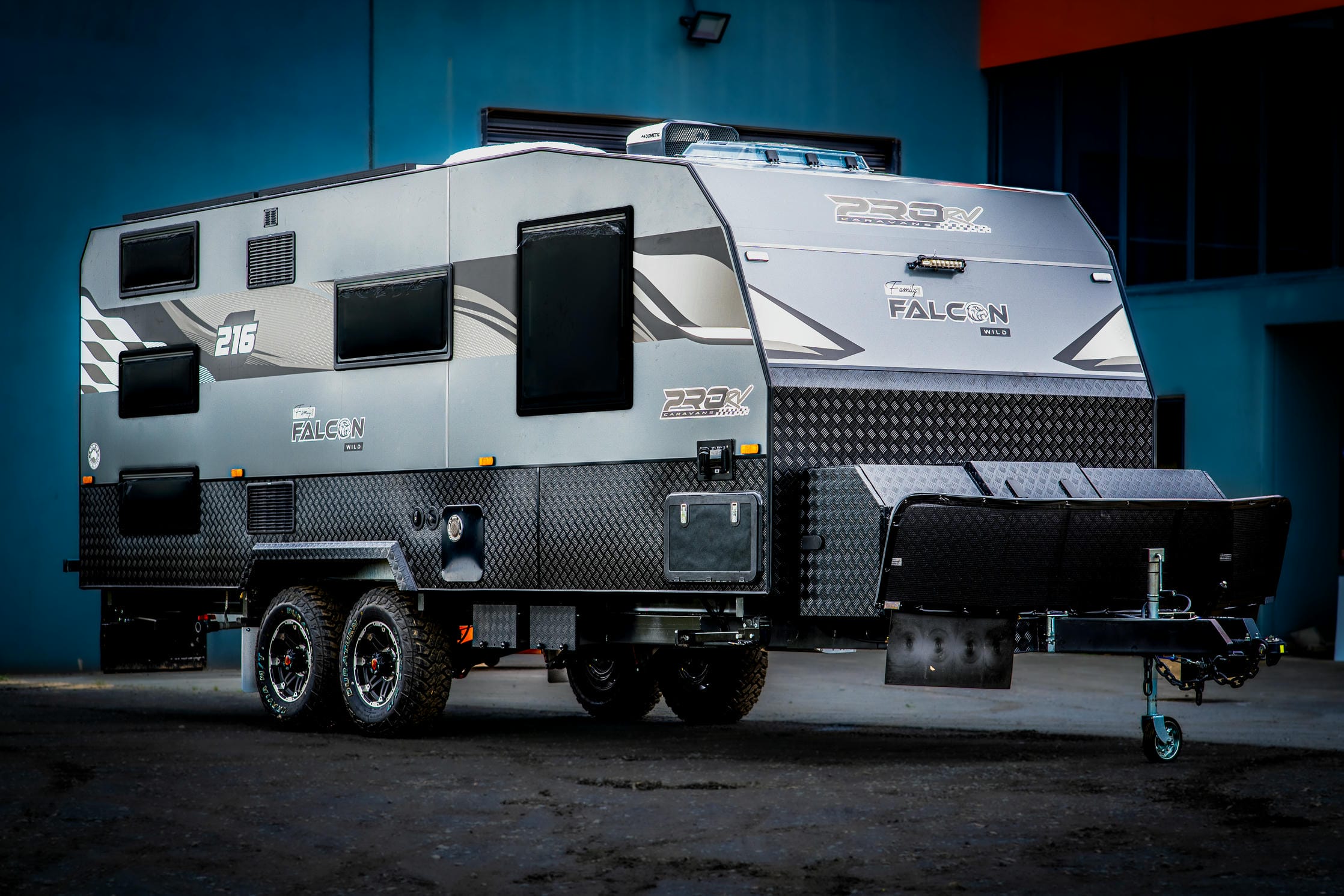 ProRV Caravans Falcon caravan front view angled.