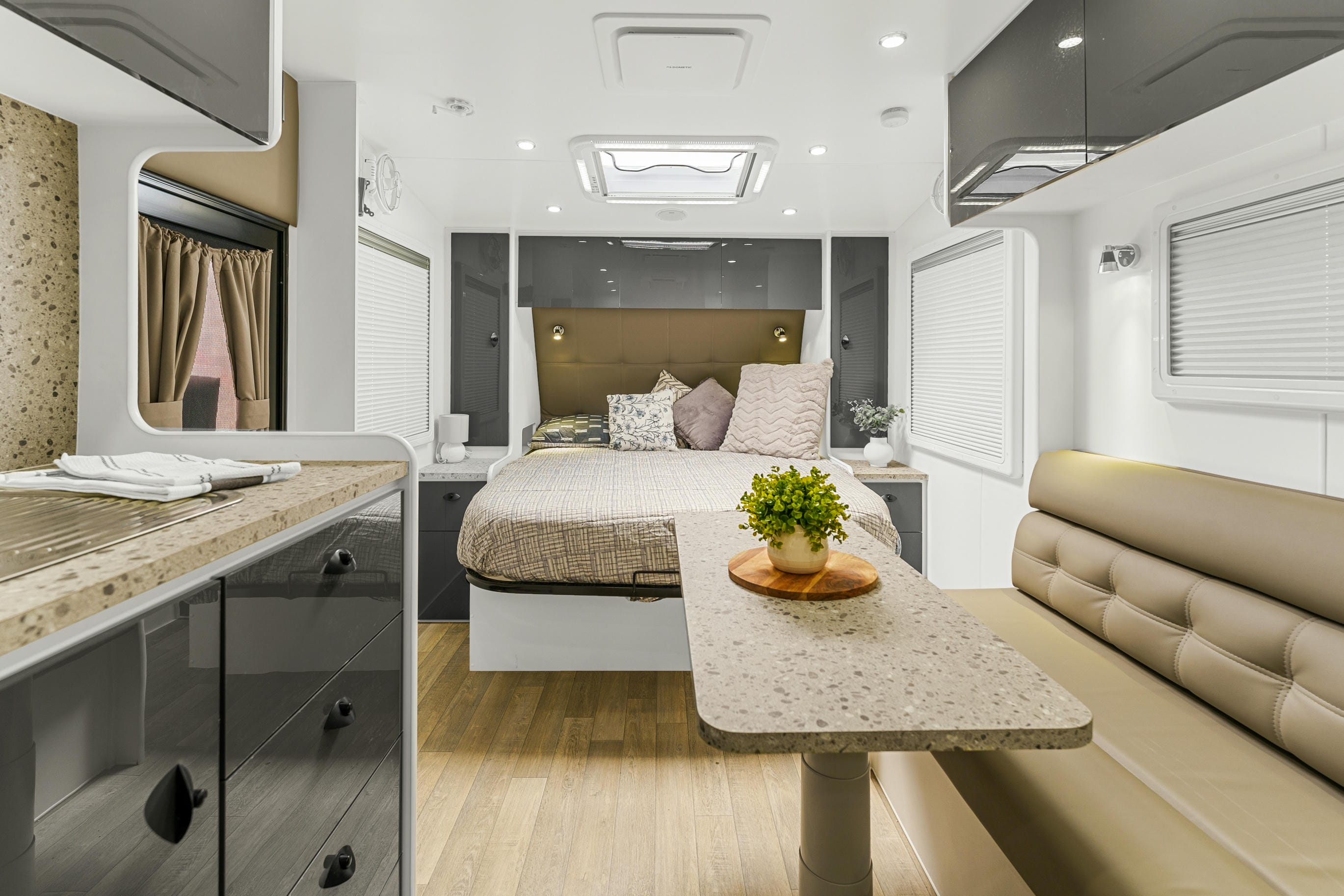 ProRV Caravans Falcon caravan bed and living area.